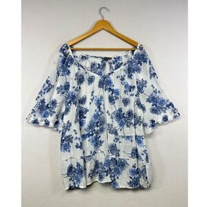 Unique Spectrum White Blue Floral Print Boho Tiered Ruffle Sleeve Tunic Top 3X